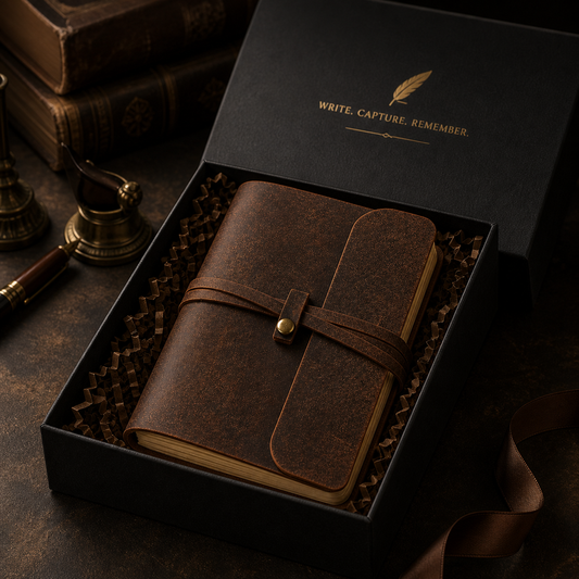 Carnet cuir vintage posé sur bureau d’écriture – carnet élégant pour écrire et dessiner