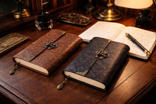 Carnet de voyage en cuir posé sur un bureau d’écrivain – carnet d’écriture pour journaux et récits