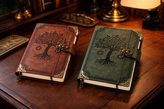 Carnet de voyage cuir Arbre de vie posé sur un bureau d’écriture – carnet rétro pour journal et récits