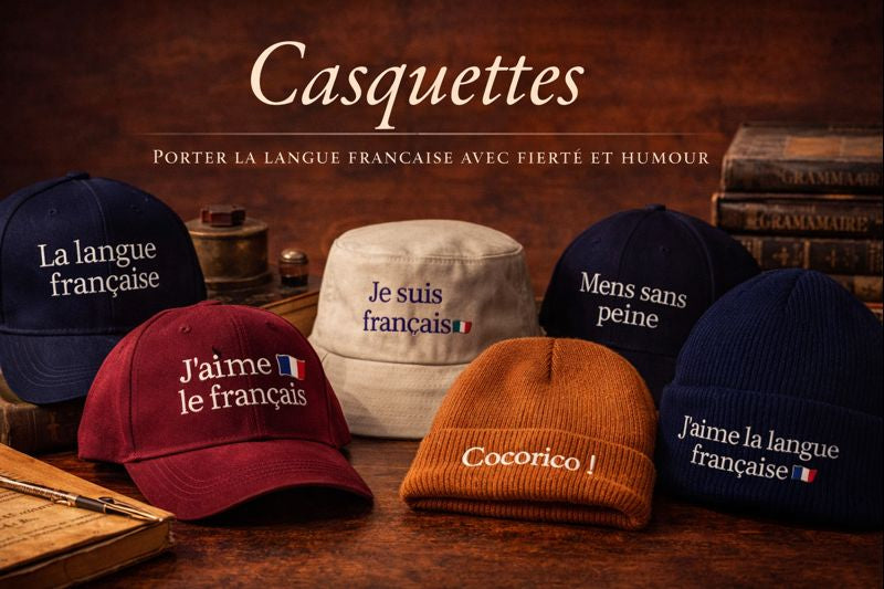 Collection de casquettes, bobs et bonnets brodés célébrant la langue française avec humour et fierté, présentés dans un univers culturel élégant