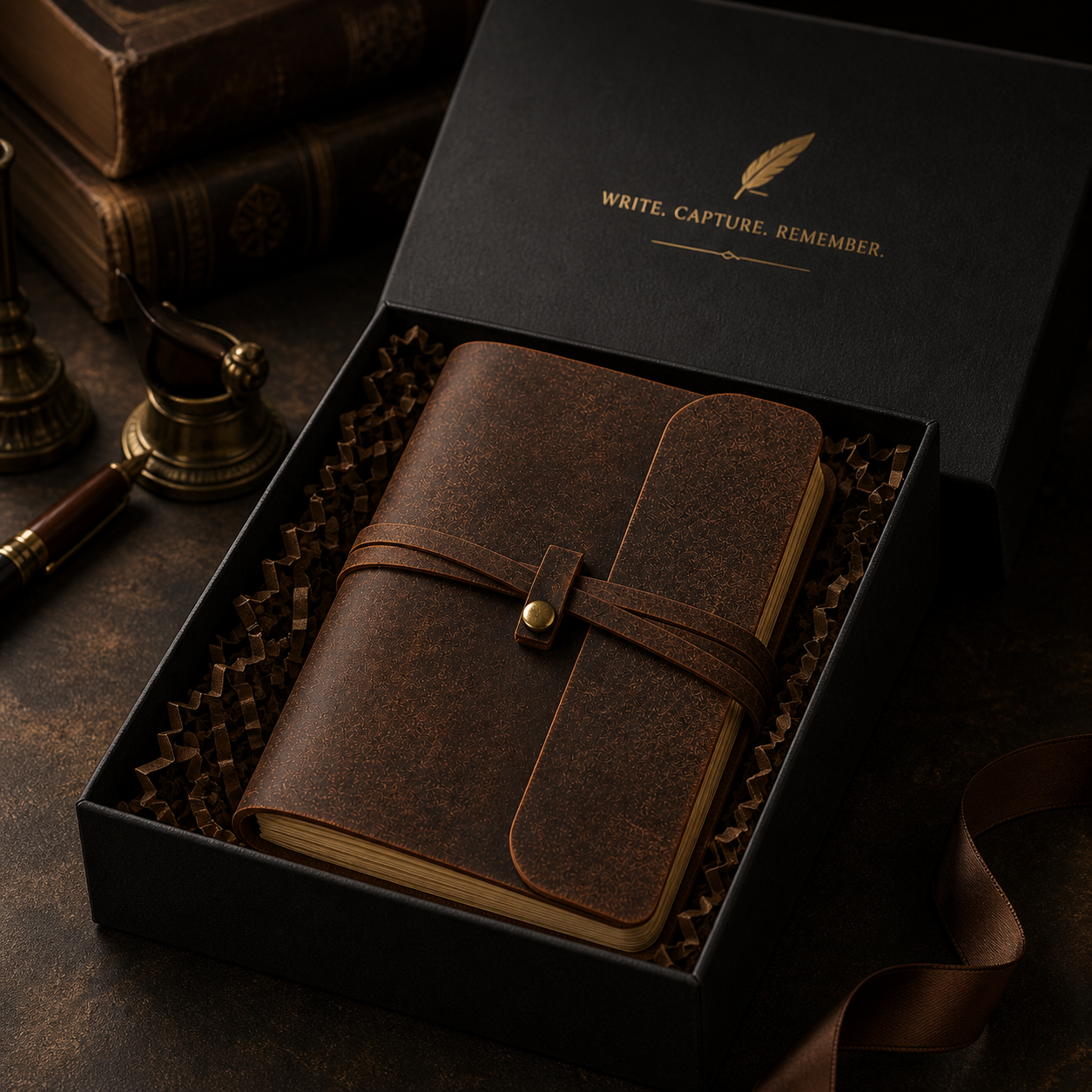 Carnet cuir vintage posé sur bureau d’écriture – carnet élégant pour écrire et dessiner
