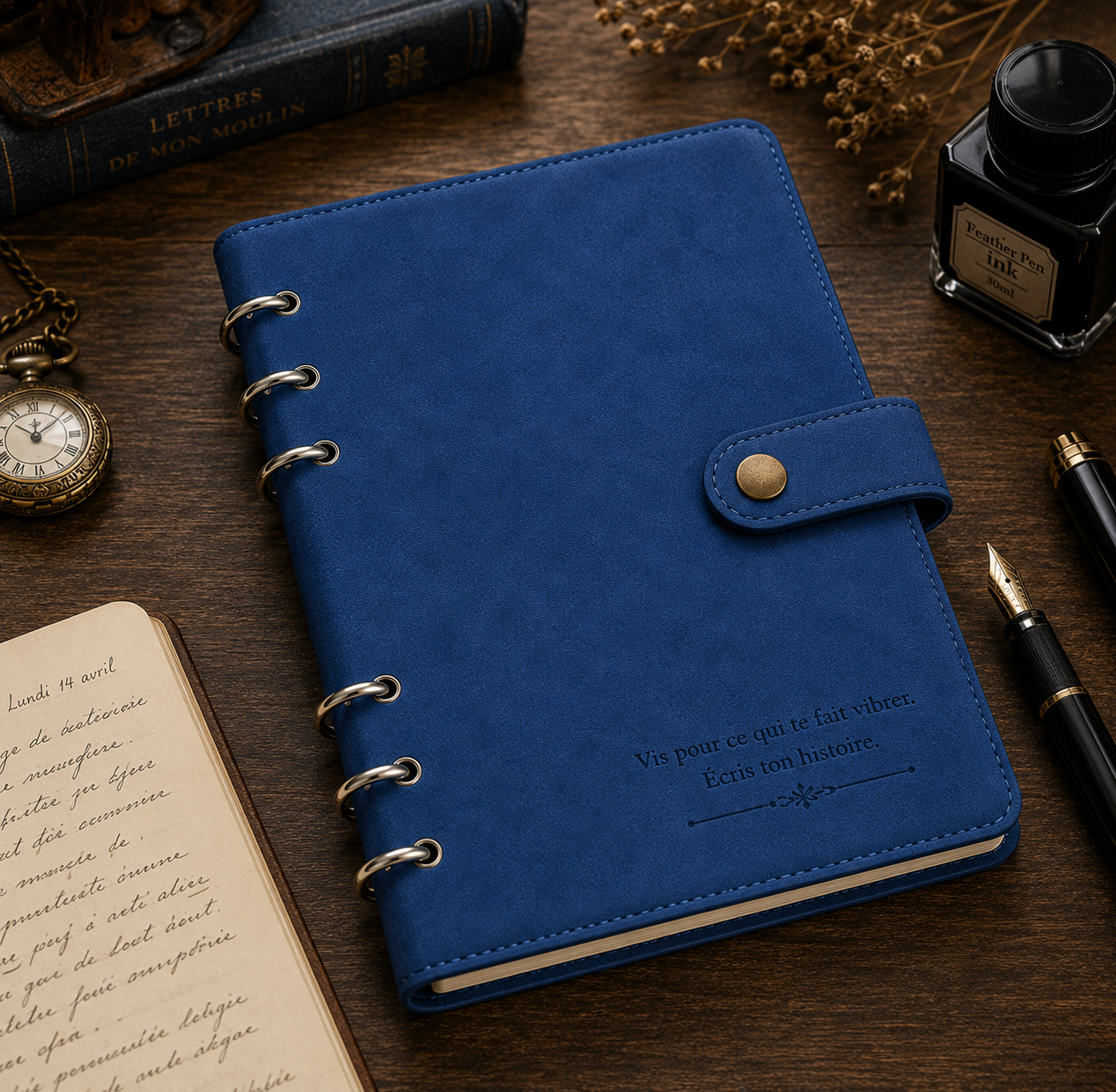 Carnet cuir personnalisé sur bureau d’écriture – carnet A5 élégant pour notes et journal