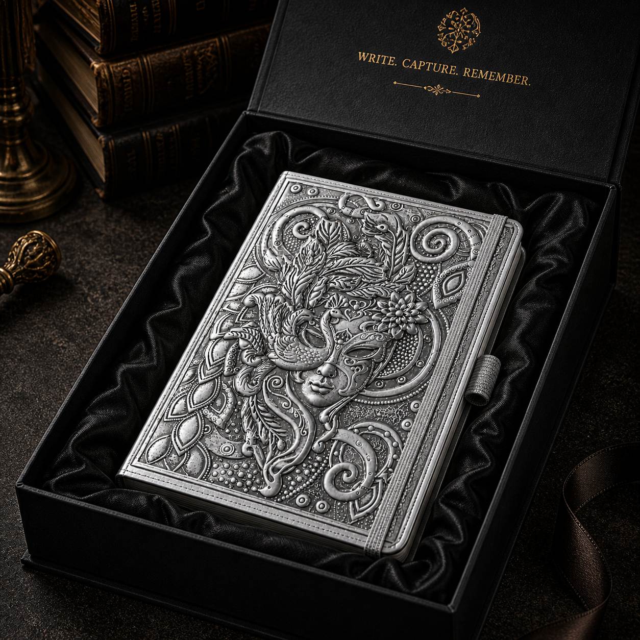 Carnet Venise argenté sur bureau d’écriture – carnet design pour notes et journal
