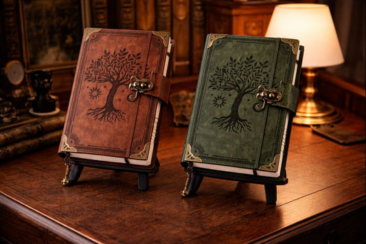 Carnet de voyage cuir Arbre de vie marron et vert – carnet rétro en cuir avec feuilles détachées