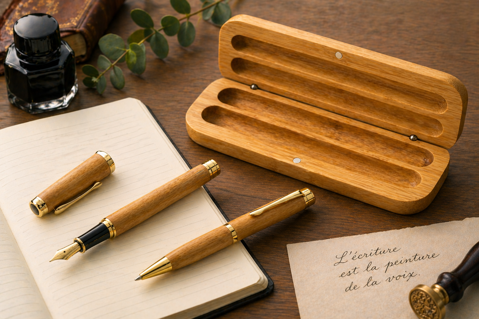 Coffret stylos en bambou posé sur un bureau d’écriture – stylos plume et bille en bois naturel