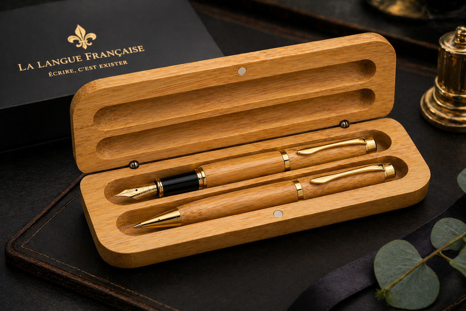 Coffret stylos en bambou avec stylo plume et bille – ensemble d’écriture naturel avec coffret en bois