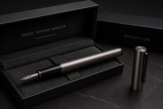 Stylo plume métal gris posé sur carnet – stylo plume élégant pour écriture quotidienne