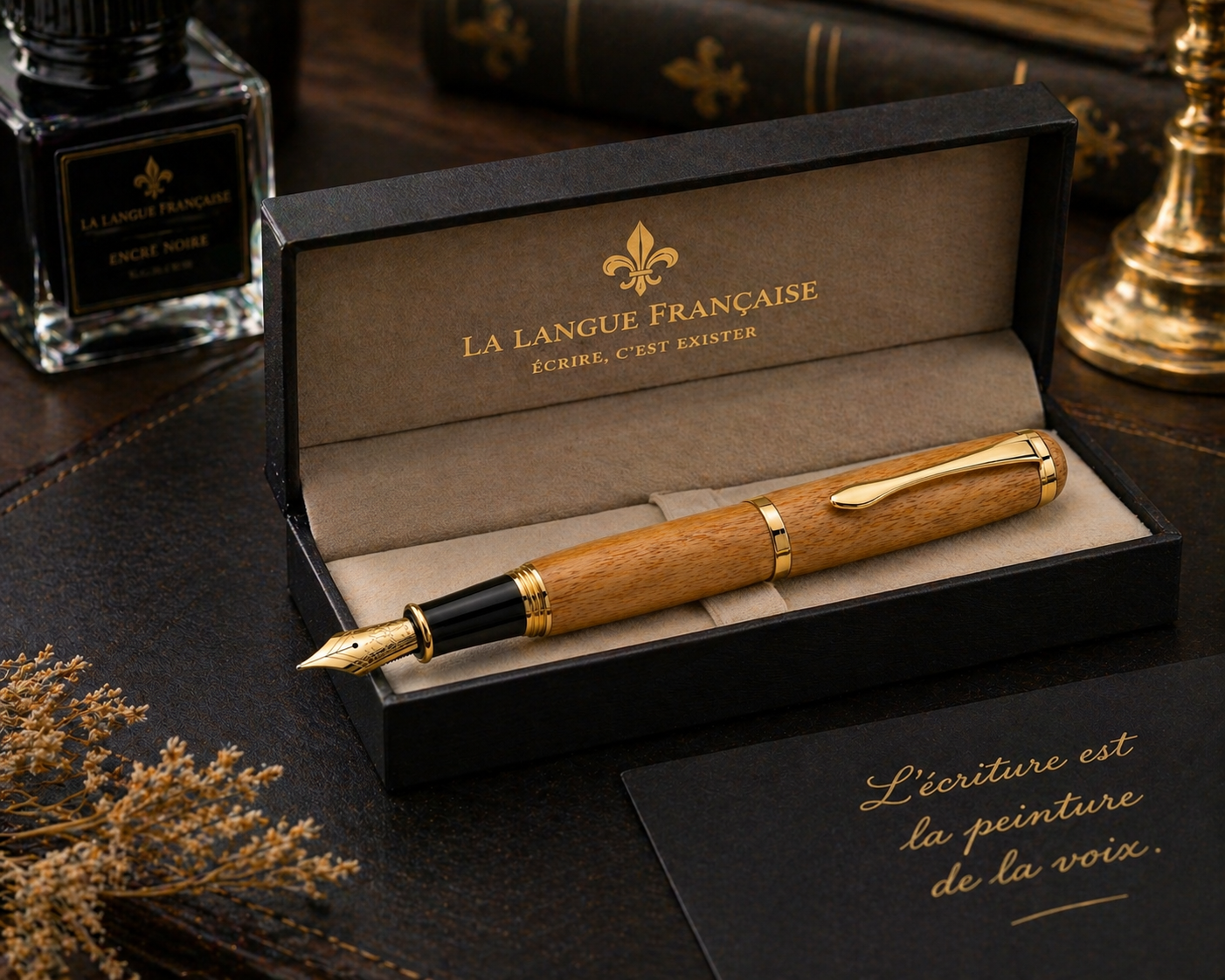 Stylo plume en bois naturel avec plume dorée – stylo élégant pointe fine 0,5 mm