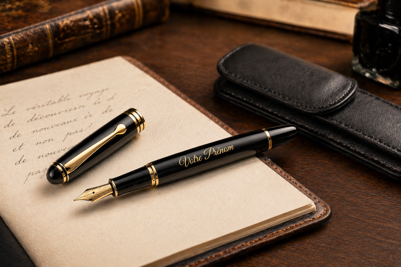 Stylo plume personnalisé gravé posé sur un bureau d’écriture – stylo élégant avec étui cuir