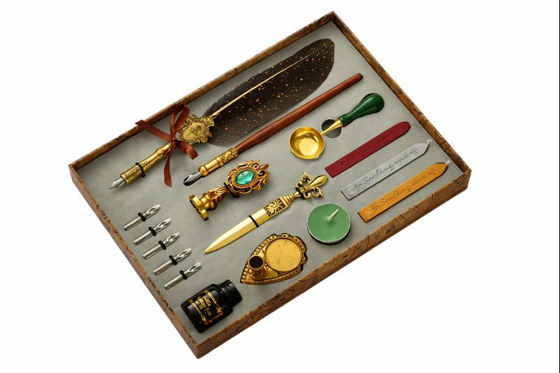 Stylo plume rétro de calligraphie présenté en coffret luxe – set d’écriture et de scellement de cire