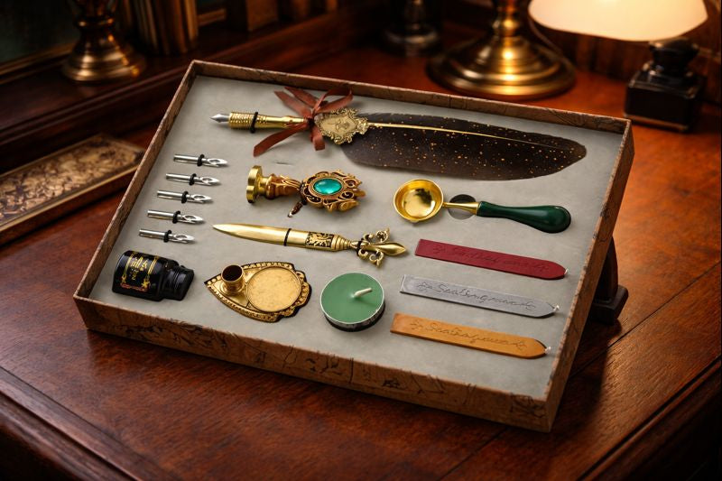 Stylo plume rétro et kit de calligraphie posé sur un bureau d’écrivain – ensemble d’écriture traditionnelle