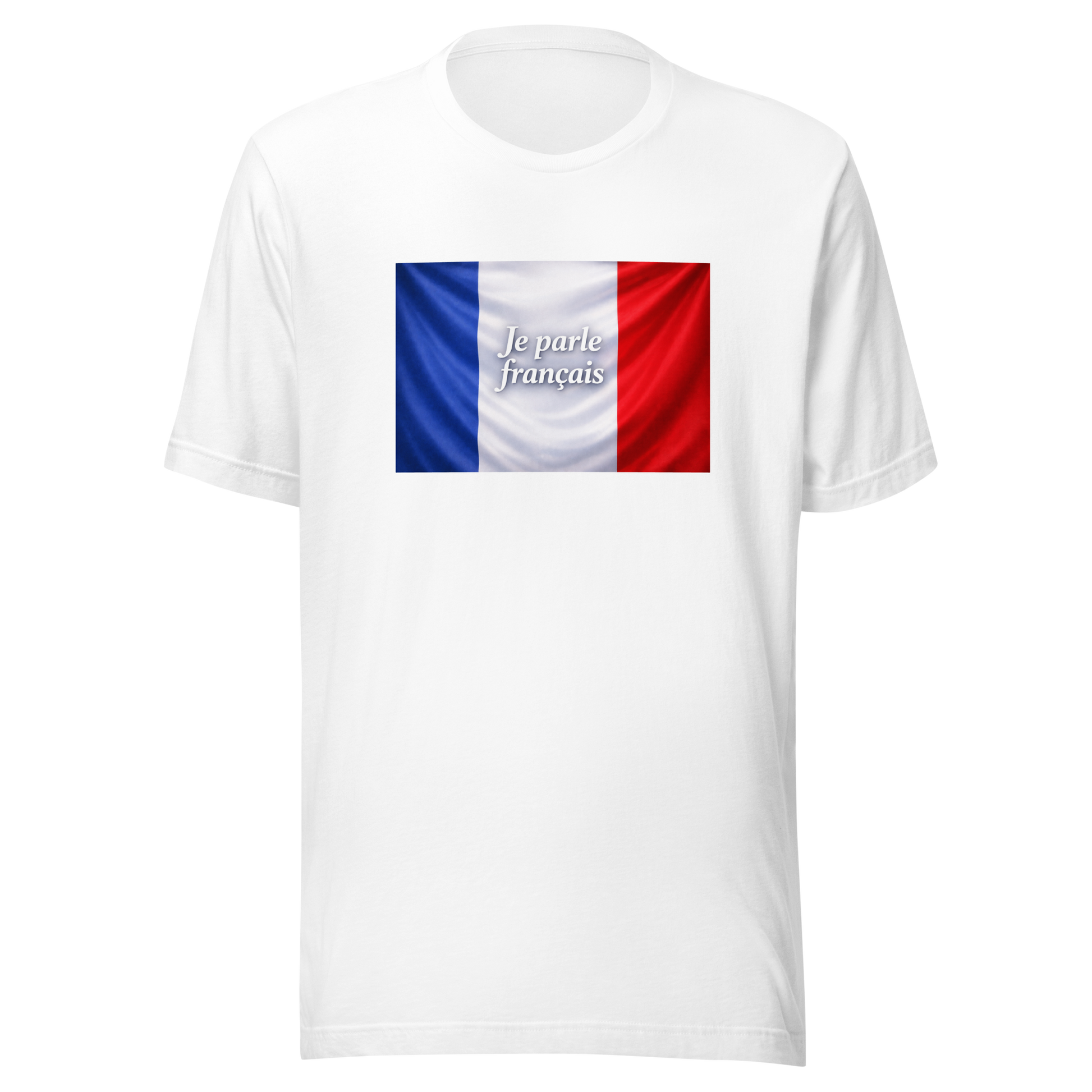 Détail du t-shirt « Je parle français » en coton filé à l’anneau, finition soignée et tissu fin
